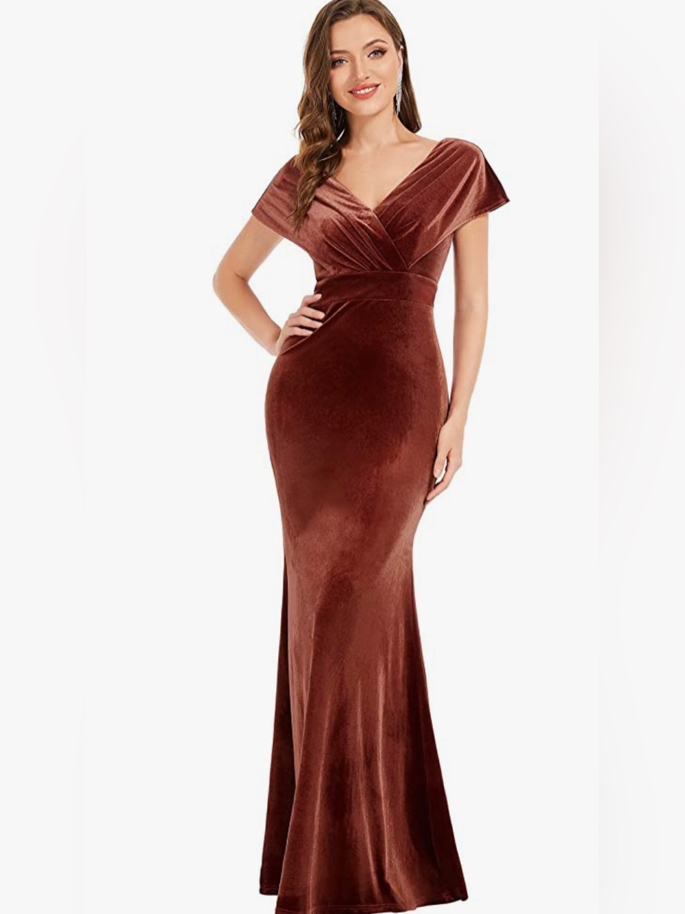 Ever Pretty Rust Velvet Off-Shoulder Maxi Gown